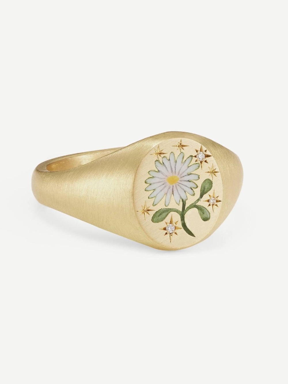 18K Gold Plated Stainless Steel White Daisy Signet Vintage Ring Size 4.5-6.5
